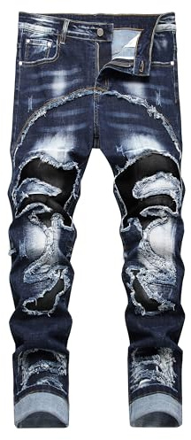Enrica Men's Ripped Distressed Destroyed Patched Slim Fit Washed Stretch Jeans (DK Blue 860, 42)