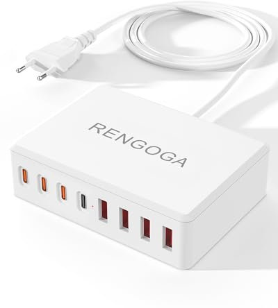 Caricatore USB Multiplo, RENGOGA 100W 8-Port Caricabatterie Multipla, mit 4 USB-C e 4 USB-A PD3.0 Stazione di Ricarica per Laptop iPhone 15 14 13 iPad Pro/Air Google Pixel Xiaomi Huawei
