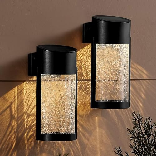 Taylor & Brown 2 Pack Crackled Glass Solar Wall Lights Fence Light Outdoor Garden Waterproof SMD LED for Patio Decking Gate Yard Decoration Warm White