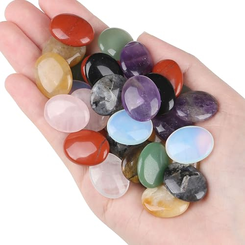 GUJOXILA 30PCS Kristalle Edelsteine Set Oval Heilung Kristall Steine Tasche Poliert Chakra Heilstein Energieausgleich Meditation Daumen Sorgen Stein für Angst zu lindern