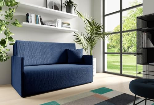 LIKMA Marineblau Kord 3 Sitzer Sofa mit Schlaffunktion Olita 137x90x100 cm Schlafcouch mit Kissen und Stauraum - Easy Clean Wohnzimmer Couch - Sofa mit Bettfunktion - Schlafsofa Stoff: Anafi 15