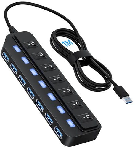 Likorlove Hub USB 3.0 avec 7 Ports, Câble 60 cm et Interrupteurs Individuels – Hub Ultra-Fin Compatible avec PC, MacBook Pro/Air, iMac, Surface Pro, PS4, PS5, Ordinateur Portable