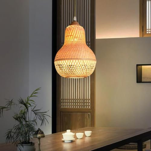 Bambus Hängelampe E27 Retro Handgemachte Pendelleuchte Rattan Lampenschirm Glühbirnenform Vintage Korbleuchten Esszimmer Hängeleuchte Wohnzimmer Restaurant Schlafzimmer Flur Deckenlampe(37cm x 45cm)