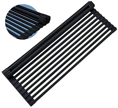 LAIKAIEU Scolapiatti Da Mettere Sopra Il Lavello, Arrotolabile Porta Lavello Da Cucina Pieghevole Senza BPA, Ripiano Di Scarico in Silicone Morbido, Per Frutta Verdura Stoviglie (Nero)
