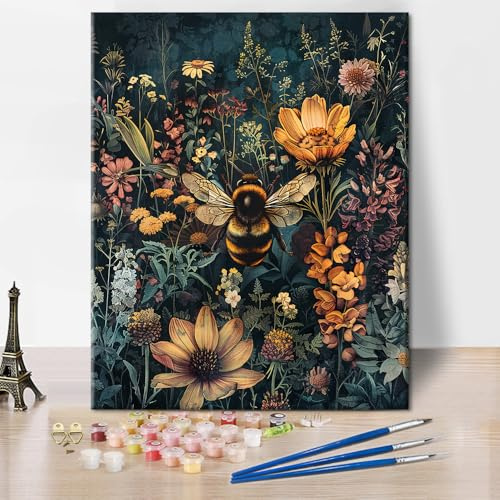 TISHIRON Vintage DIY Paint by Numbers for Adults, Vintage Floral with Wildflowers and Bumblebee Paint by Number Kits with Brushes and Pigment for Home Wall Decoration, Art Crafts, 16x20(Frameless)