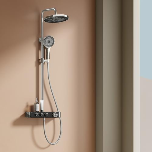 EMKE Duschsystem mit Thermostat Chrom, Duscharmatur Komplettset, Regendusche mit Armatur inkl. großer 26 cm Regendusche 3 Strahlarten Handbrause, Brausestange und Schlauch