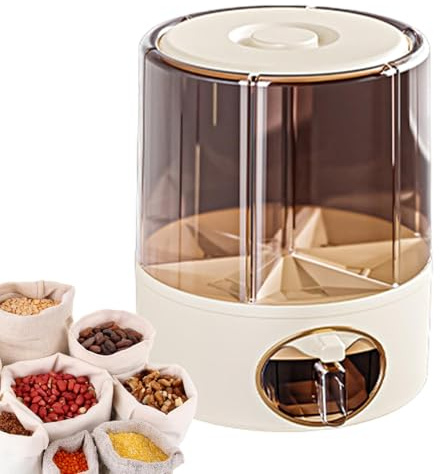 6-Grid Rotating Food Dispenser for Kitchen | -Click Rice Storage Container with Rotating Design | Multi-Compartment Grain Dispenser for Rice, Beans, and Cereals | Easy Access Food Storage Bucket