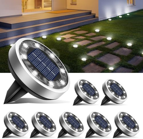 btfarm Lot de 8 Lampe Solaire Au Sol, 8 LED Jardin Exterieur Solaire Etanche Lumiere Solaire, Spot Solaire Extérieur pour Chemins Pelouse Terrasse Allée Cour Piscine, Blanc Froid