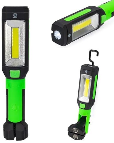 Lampada da Lavoro LED 180-500 Lumen con Base Magnetica, Torcia Officina Professionale con Batterie Sostituibili INCLUSE e Gancio 360° e Doppia Luce, Ideale per Meccanici, Auto, Garage ed Emergenze