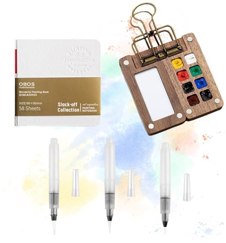 Mini Palette,Mini Aquarell Set Mini Aquarellkasten 8 Grids Mini Holz Reise Malpalette Malkasten Zusammenklappbare Portable Aquarell Reise Set, mit Buch und Wasserstift für Maler Künstler Studenten