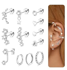 Nelytiya 12 Pieza Piercing Oreja Acero Quirurgico Pendientes Plata Acero Inoxidable Mujer Cartílago Piercing Tragus Helix Joyería Para Mujer