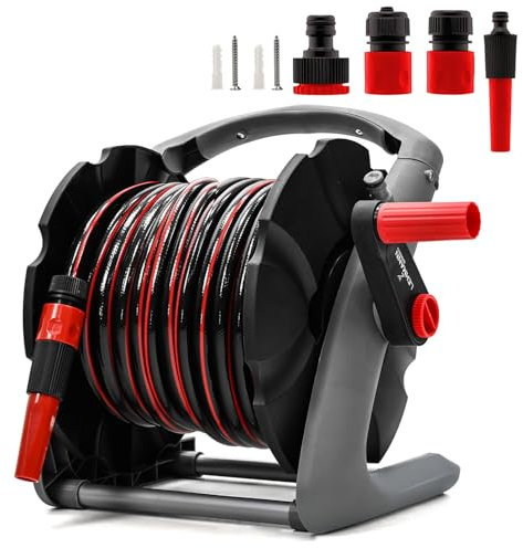 LEHMANN Avvolgitubo da Parete con Tubo da 20 m – Avvolgitubo da Giardino Mobile con Maniglia – Pistola a Spruzzo – Raccordo per tubo 1/2 / 3/4 – Attacco per rubinetto 3/4