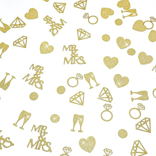 200Pcs Gold Wedding Table Confetti, Engagement Confetti for Bridal Shower Decorations Glitter Paper Diamond Ring Confetto for Marriage Ceremony Anniversary Valentine‘s Day