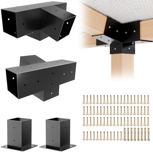 Grehitk Pergola-Set, schräge Dach-Pergola-Halterung, 4-Wege-Klammern mit Pfostenbasis, Blockhütte für den Außenbereich, 10,2 x 10,2 cm (tatsächlich 8,9 x 8,9 cm), Holz (1 x 15° + 1 x 75° + 2 x