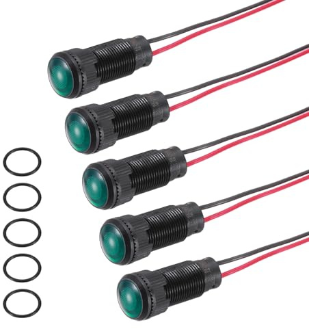 PATIKIL 5Pcs 10mm(3/8) Indicator Light,12V-24V AC/DC LED Plastic Shell Signal Lamp Waterproof IP67 Round Head Signal Lights with 150mm(5.9) Cable for Boat Car,Green