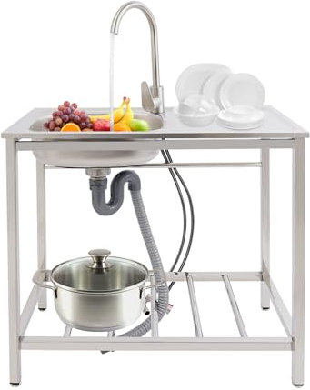 Fregadero de acero inoxidable, banco de trabajo, fregadero independiente, fregadero de cocina portátil con soporte y grifo mezclador, lavabo móvil para cocina al aire libre, gastro, jardín,75*40*75cm