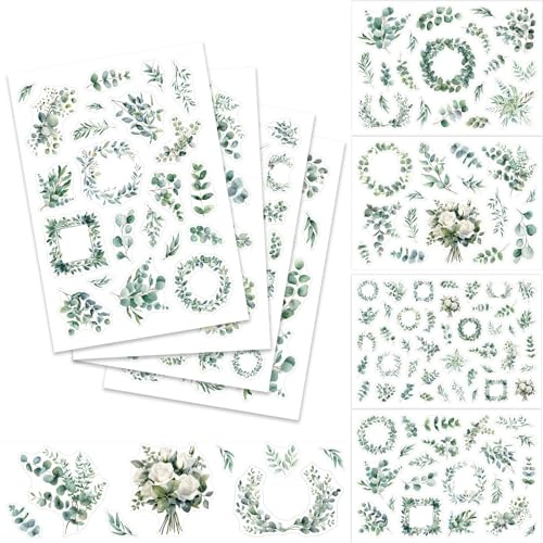 Eukalyptus Aufkleber-Set – 99 wasserdichte, selbstklebende Sticker (4 Bögen) für Scrapbooking, Hochzeitsdeko, Geschenkverpackung & DIY-Bastelprojekte
