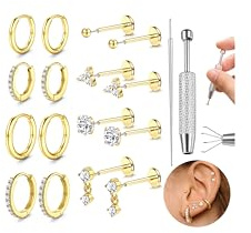 Adramata 18 Stück Helix Piercing Chirurgenstahl Nasenpiercing Stecker 16G/20G Knorpel Ohrringe Damen Klein Ohrringe Creolen Gold Silber Conch Tragus Piercing Ohr Schmuck