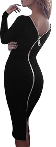 OMZIN Donna Manica Lunga Abito Collo Rotondo Classico Cerniera Indietro Abiti Matita Bodycon Blk L