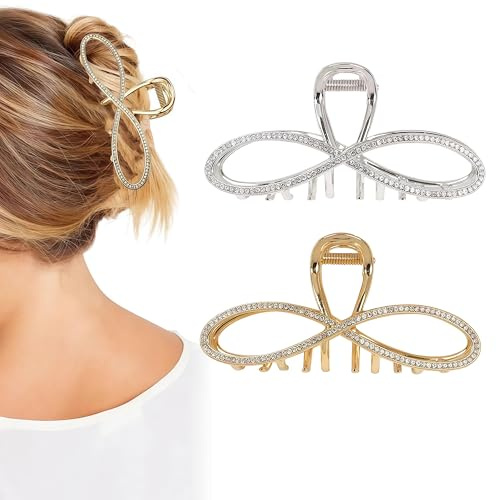 VelvetGlow, 2 pezzi clip per capelli con strass per donne, grandi mollette in metallo dorato e argento, accessorio per capelli lucente e a fiocco