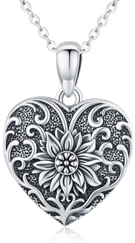 Collana con medaglione di girasole, in argento Sterling 925, a forma di cuore, con ciondolo a forma di cuore, per donne e ragazze
