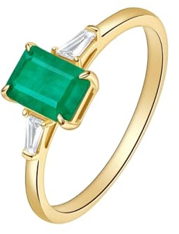 Ayoiow Vorsteckring Gelbgold Poliert mit einem 0,9 ct Smaragd im Rechteckschliff und Diamanten, Vorsteckring Ehering für Sie Größe 62 (19.7)| 14K Gelbgold | Trendiger Modeschmuck für Thanksgiving