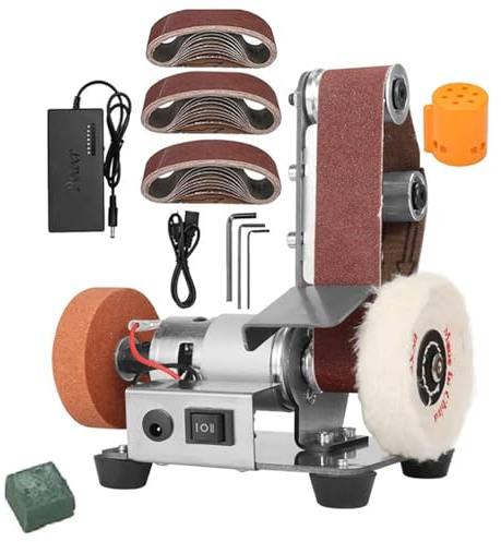Electric Mini Belt Sander, 7 Adjustable Speed Polishing Grinder, Knife-Sharpener Sanding Machine with 30pcs Belts for DIY Metal Working and Crafts