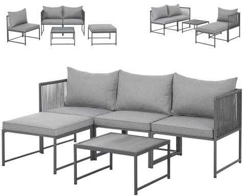 SVITA Detroit Gartenmöbel Set Polyrattan Lounge Modular Ecksofa Chaiselongue Tisch Flexibel als 3 Sitzer oder Sessel 2 Sitzer Inklusive Kissen Grau