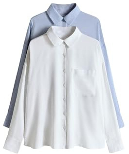 THE SET Donne Confezione da 2 Camicie con Bottoni Misto Lino White/Chambray Blue 40