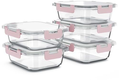 Arendo - Glas Frischhaltedosen Vorratsdosen für Lebensmittel mit Deckel luftdicht - 5er Set - 1000 ml - für Mikrowelle Gefrierschrank - Spülmaschinen geeignet - Lunchboxen Meal Prep Boxen