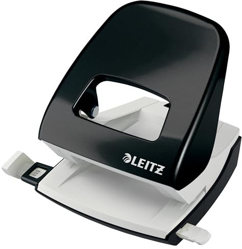 LEITZ Büro Locher aus Metall, Für 30 Blatt, Anschlagschiene mit Formatvorgaben, Ergonomisches Design, schwarz, WOW-Serie, 50081095