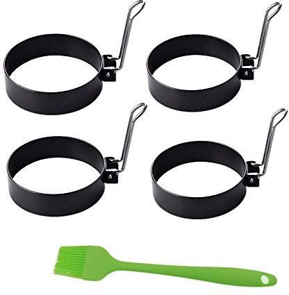 JZK 4 x Metallo stampo antiaderente per uova al tegamino uova fritte con pennello in silicone, stampino rotondo per uova in camicia pancake muffin focaccia