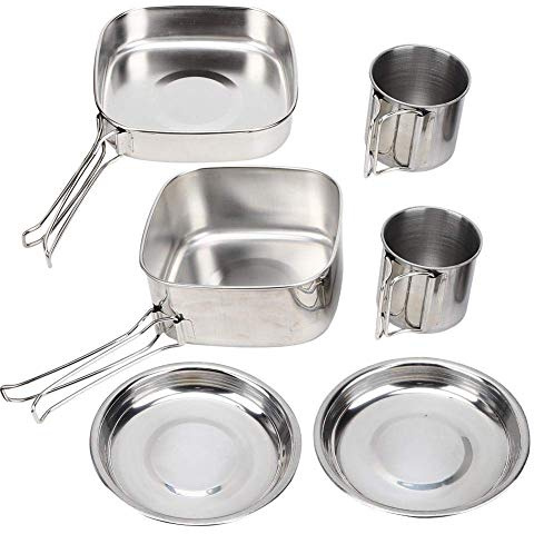 VGEBY 6 Pcs/Ensemble en Acier Inoxydable en Plein Air Pique-Nique Pot Pan Kit Camping Randonnée Ustensiles De Cuisine Plaque/Bol/Tasse/Pan Couverture Cuisson Ensemble(Argent)