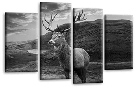 LR Large Highland Stag Wall Art Picture Framed 4 Panel Split Canvas Print | Ready to Hang | Modern Wall Art for Living Room, Bedroom & Office