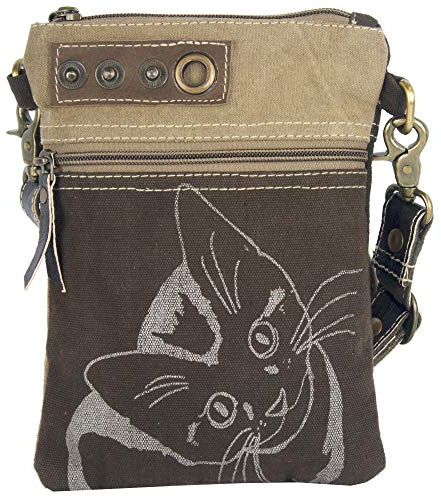 Sunsa Damen kleine Tasche mit Katzenmotiv. Vintage Stil Umhängetasche aus Canvas & Leder. Nachhaltige Produkte. Schultertasche für Katzenliebhaber. Crossover bag als Geschenkideen für Frauen