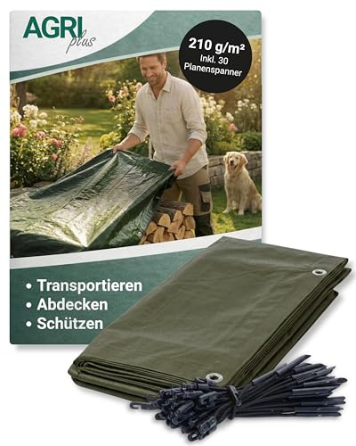 AGRI Plus Holzabdeckplane 210 g/m² I 1,5 x 6 m I Mit 30 Planenspanner I wasserdichte & UV-beständige Abdeckplane I Reißfeste Gewebeplane mit Ösen & Randverstärkung I Ideal für Brennholz, Garten & BAU
