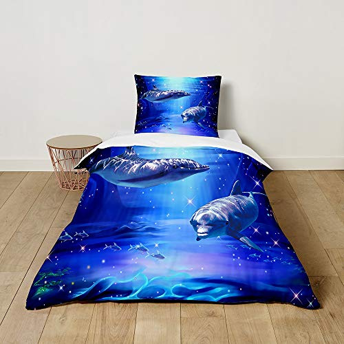 Morbuy Bettwäsche-Set für Kinder Mädchen Jungen, 3D Drucken Mikrofaser Kinderbettwäsche Babybettwäsche Weiche Bettwäsche Set mit Kissenbezüge und Bettbezug (100x135cm+40x60cm,Delphin 2)