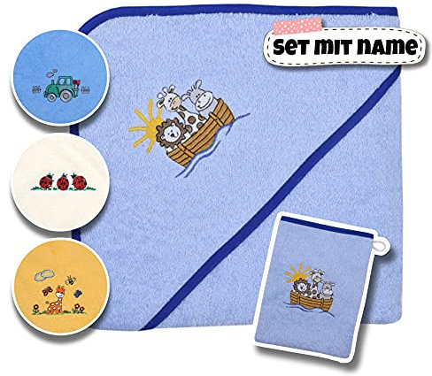 Baby Kapuzenhandtuch Set mit Waschlappen | Baby Handtuch 80 x 80 cm Kapuzenbadetuch | personalisiert mit Name | Baby Badetuch Bestickt mit Namen | Jungen Mädchen (hellblaue Arche)