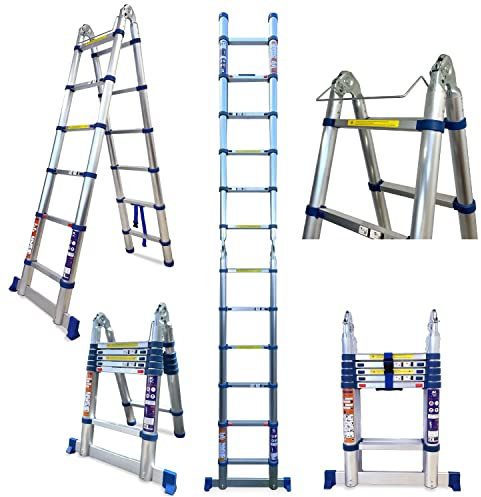 KELI - Scala telescopica a doppio piano, scala pieghevole 2 in 1, scaletta a scaletta, realizzata in alluminio di qualità professionale, certificata a 150 kg EN131 CE (380 cm)