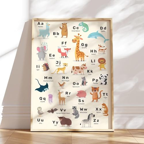 MeinBaby123® ABC Poster fürs Kinderzimmer | Alphabet Poster DIN A2 I Tier Lernposter mit Buchstaben | geeignet für Kindergarten, Vorschule, Grundschule | Wandposter Premium (Tiere Alphabet 1)