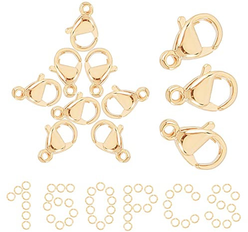 SUNNYCLUE 1 boîte de 150 pièces d'anneaux de jonction à fermoir mousqueton plaqués or 24 carats de 9 mm 50 fermoirs mousquetons en acier inoxydable avec 100 anneaux de jonction Accessoires