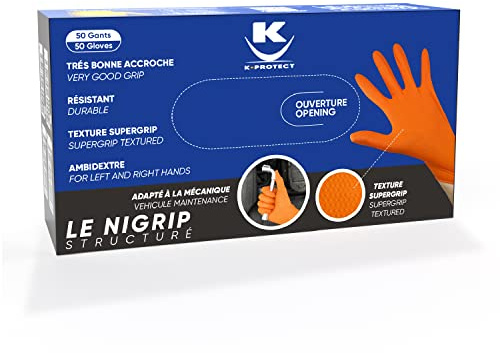 K•PROTECT - Orange Nitril-Handschuhe NIGRIP Puderfrei, Latexfrei, Box mit 50 extrem widerstandsfähigen Stücken, SuperGrip-Diamantstruktur, verstärkte Dicke, vielseitige Verwendung (GRÖSSE XL)