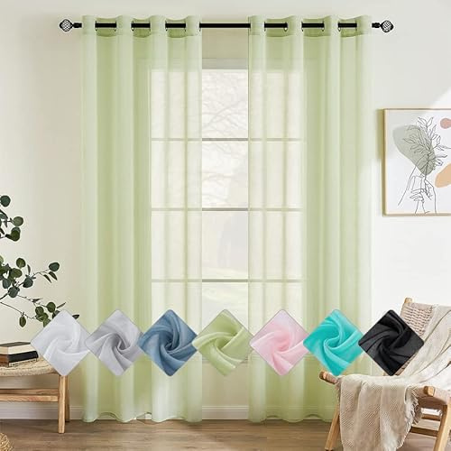 EMEMA Gardinen mit Ösen 2er Set 225cm Lang Grün Vorhang Voile Vorhänge | Vorhang mit Ösen Transparente Polyester Ösenschal Transparent Wohnzimmer Luftig Dekoschal für Schlafzimmer B140 X H225cm