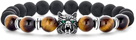 Bling Jewelry Unisex Dschungeltier Gewehrmetall Schwarzer Onyx Und Brauner Tigerauge Runde Perlen Strang Stretch Fuchs Wolf Armband Für Männer Frauen Versilbert Stapelbar Verstellbar