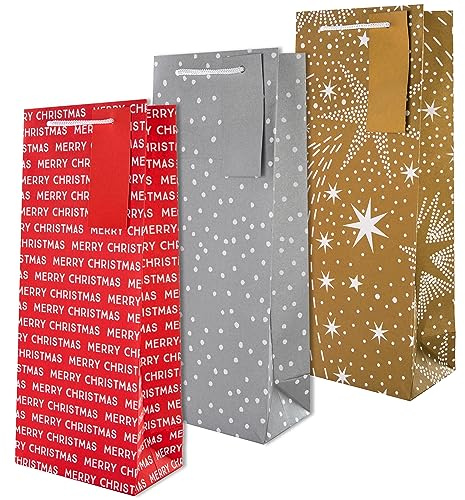 Hallmark Christmas Bottle Bags, 3 Festive Designs, 3-Pack | Red, Gold, Silver, Paper, 32.7x13.3x8.2cm, White Cord Handles, Gift Tags