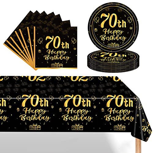 Schwarz Gold 70 Geburtstag Partygeschirr Set,Einwegteller 7 Zoll Servietten Kunststoff Rechteckige Tischdecke,37 Stück Schwarz Gold Partygeschirr Set für Männer Frauen 70 Geburtstag Party Dekorationen