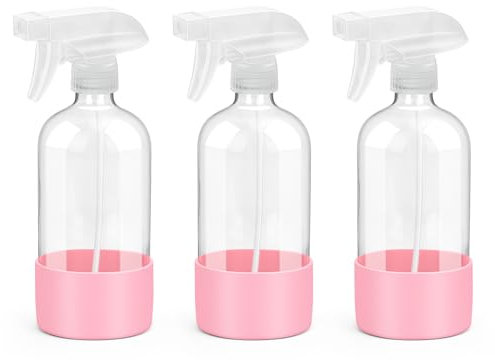Rionisor Glassprayflaskor med silikonhylsskydd, tomma 47 ml återförslutningsbara behållare, återanvändbara sprayflaskor med justerbart munstycke för hår, rengöringslösningar, 3-pack rosa