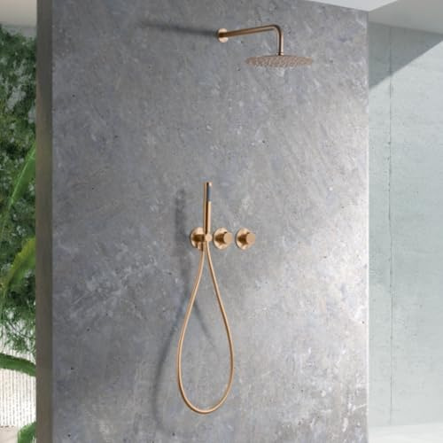 IMEX - Ducha Empotrada Termostática Oro Rosa | Conjunto de Grifería Empotrado con Alcachofa y Rociador Antical Efecto Lluvia | Ducha Empotrada con Grifo en Latón y Acero Inox S.304 | Serie Assen
