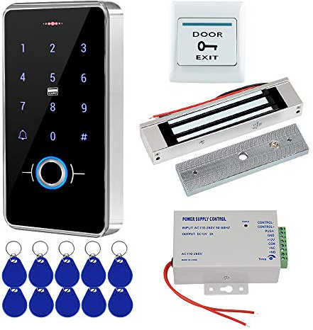 FUSYTULY Fingerabdruck Biometrisches Zugangskontrollsystem Kit IP68 wasserdichte RFID-Tastatur-Zugangskontroller, mit 180KG Elektrisches Magnetschloss, mit 10 Stück Schlüsselanhänger