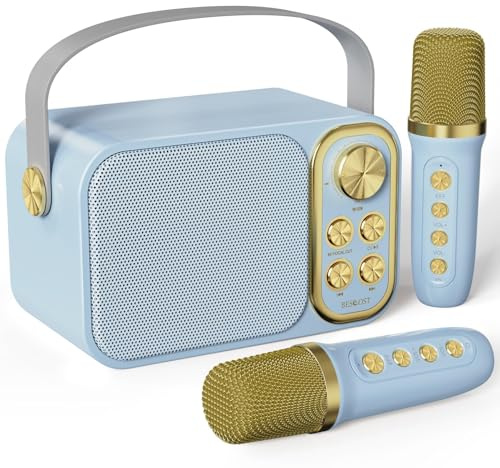 Machine de Karaoké avec 2 Micro sans Fil, Haut-Parleur Bluetooth Portable, Dispose 7 Effets Sonores, pour Fête et Voyage，Bleu